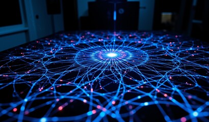 Fiber Optic Network Flowing Like Liquid Mercury On Obsidian Surface, Neon Blue Violet Light