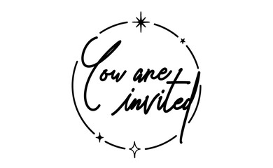 You are invited lettering calligraphic design. Invitation card with stars and sparks