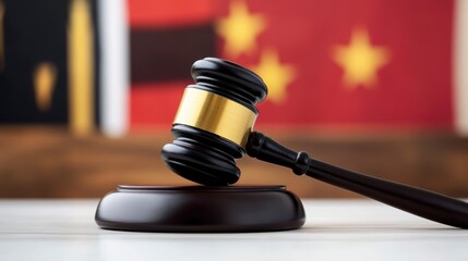 Gavel on sound block with blurred Chinese flag background.