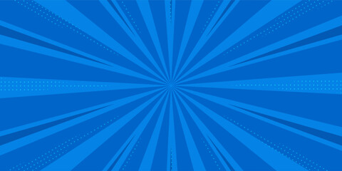Pop art comic blue background with halftone, rays, gradient. Vector cartoon illustration in retro style. Design for comic book, poster, banner