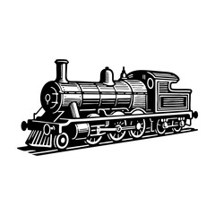 train on railroad sketch engraving black and white outline. Scratch board imitation.  illustrated in vintage line art style on a white background.