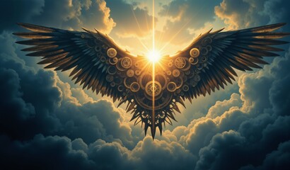 Golden Mechanical Wings Against Stormy Sky – Ethereal Gears and Volumetric Lighting