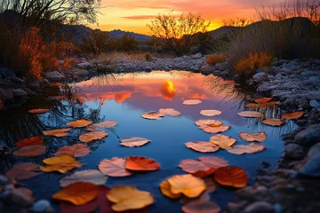 Printed kitchen splashbacks Sunset reflected in a tranquil pool, autumn leaves floating serenely.