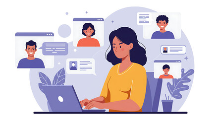 Flat Vector Illustration of a Remote Worker on a Video Conference. set for work from anywhere theme, remote work, lifestyle