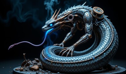 Mechanical Serpent Sculpture: Titanium Scales, Copper Limbs, Gears, Industrial Forge Lighting