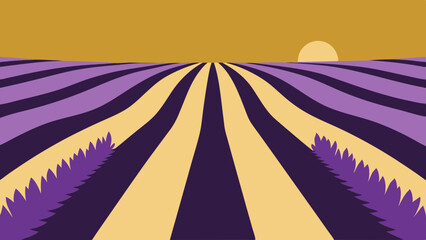 Stylized Lavender Field at Sunset with Rows of Purple and Gold