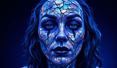 Shattered Clown Masks: Iridescent Crystal Mosaic Against Indigo Background, Close-Up