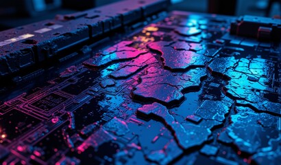 Fractured Circuitry: Obsidian Surface Illuminated By Neon Cyan And Violet Light, Technological Decay
