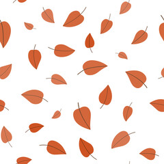 Obraz premium Autumn botanical decor. Monochrome white red plant seamless pattern. Random autumn leaves on transparent background. Soft nature colors. Background decorative elements for wallpaper, textile, etc.
