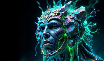 Intertwined Crystalline Masks and Data Streams: A Ritualistic Digital Convergence in Charcoal Light