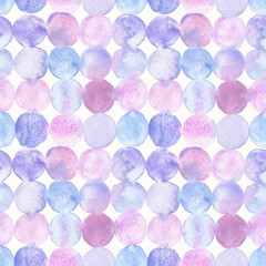 Abstract pastel colored watercolor circles. Light blue, pink, purple. Seamless pattern for Easter, birthday, or Christmas. Hand painted. 