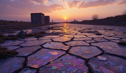 Fractured Glass Mosaic on Cracked Concrete Reflecting Muted Sunset Hues and Volumetric Fog