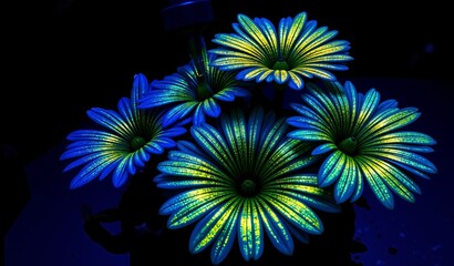 Bioluminescent Flora Unfurls in Dark Laboratory, Fractal Patterns, Indigo, Emerald, Gold Glow