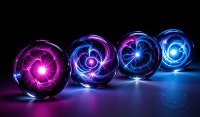 Cosmic Energy Within Glass Spheres: Iridescent Nebula Swirls In Deep Space Void
