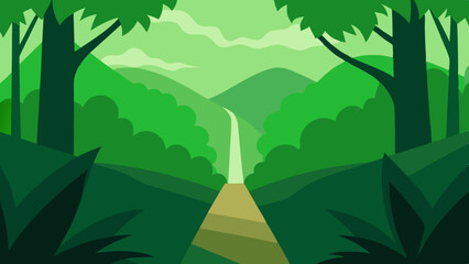 Obraz premium Green Forest Landscape with Path Leading to Distant Mountains and Cloudy Sky