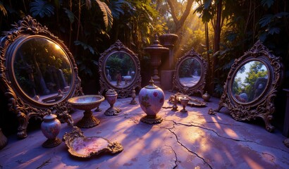 Opalescent Reflections: Antique Mirrors Reveal Lush Jungle Foliage In Baroque Mystery