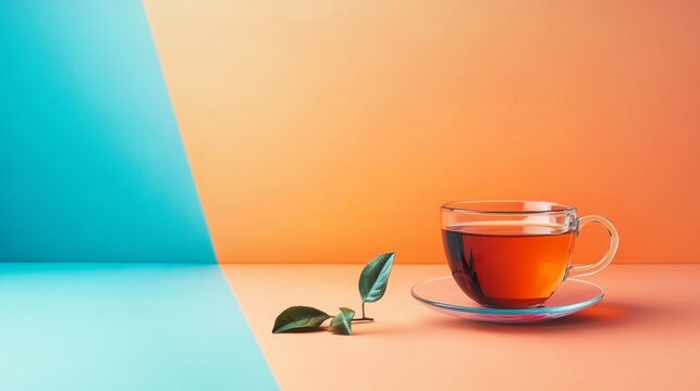 Cup of tea with orange background and shadows for minimalist health drink and relaxation concept