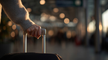 Close-up view of a traveler preparing for departure in an airport setting