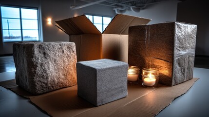 Various textured blocks with candle and box in warehouse setting for packaging industrial background design