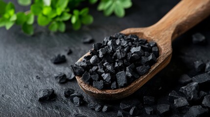 Black sea salt on wooden spoon with herbs on dark surface for food or wellness product background