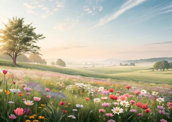 Fototapeta premium Spring background banner long - Panorama of blooming flowers on spring summer meadow field, isolated on white background