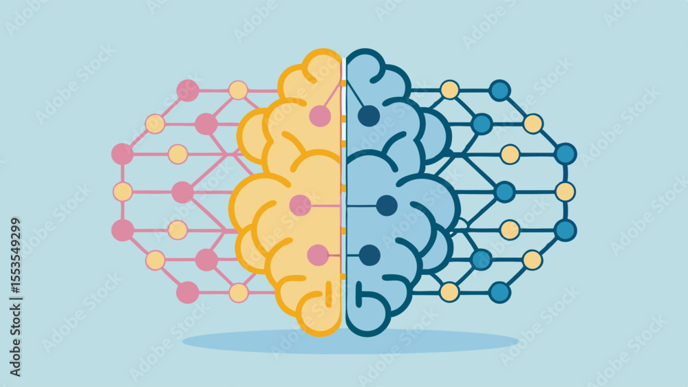 Poster a brain divided in half with connected nodes and lines on a light blue background