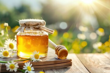 Honey dripping from dipper into jar on wooden table with chamomile flowers at sunset