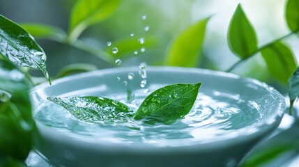 Water drop falling into green leaf in glass bowl for eco nature wellness or hydration theme