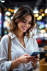 Woman using smartphone in modern indoor setting
