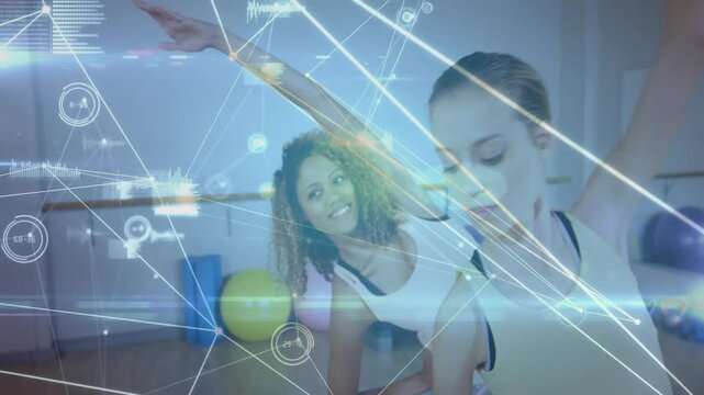 Coach initiating side-stretch in fitness, group mirroring under pulsing overlay tracking metrics