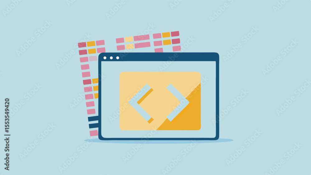 Poster a browser window with code symbols and sticky notes on a light blue background color