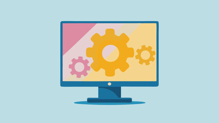 a computer monitor displaying three gears on a colorful background design element