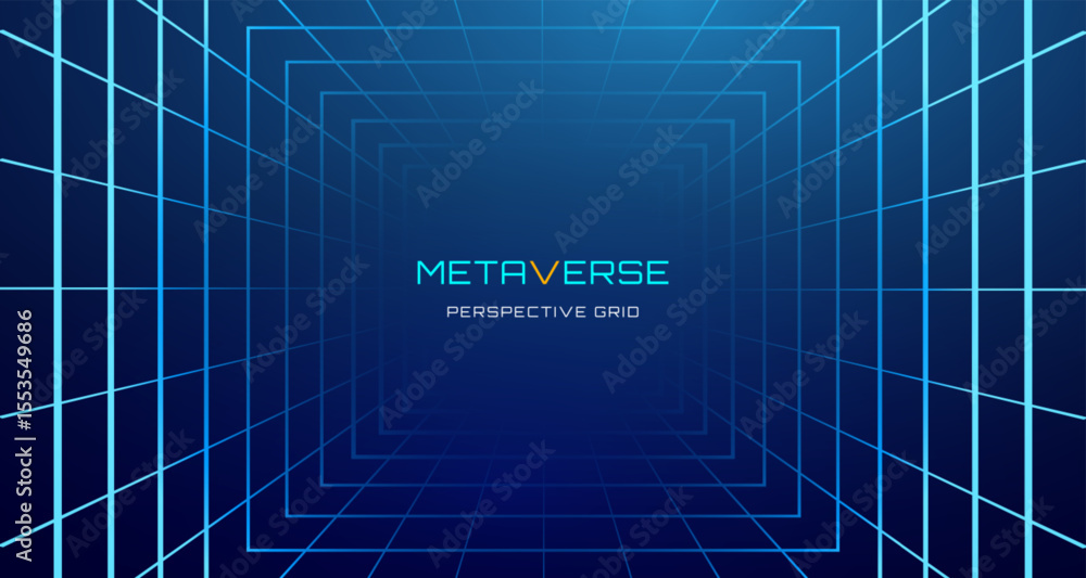 Poster futuristic 3d grid floor with neon wireframe perspective and digital space background. cyber game ro