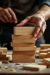 Wooden blocks tower with playing hand