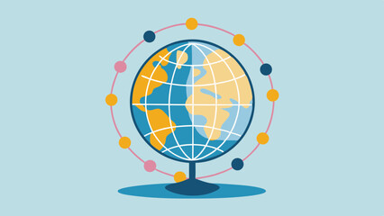 World globe on stand surrounded by colorful dots connected by a pink line on a light blue background