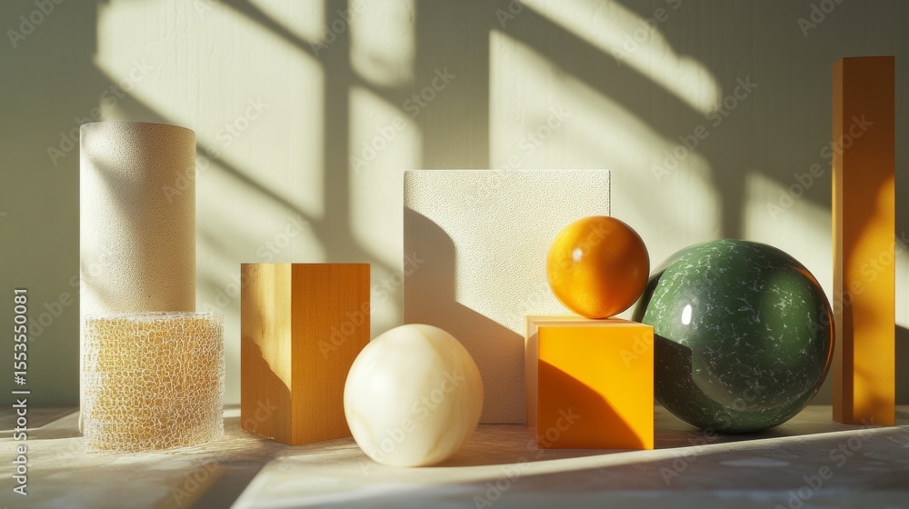 Poster minimal geometric forms with hard shadows on neutral surface for modern architecture design or conce