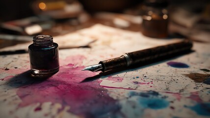 A colorful ink pen and bottle on art paper.