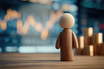 Wooden figurine facing away from stacks of coins in front of blurred financial data