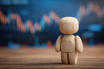 Wooden figure stands before blurred financial data