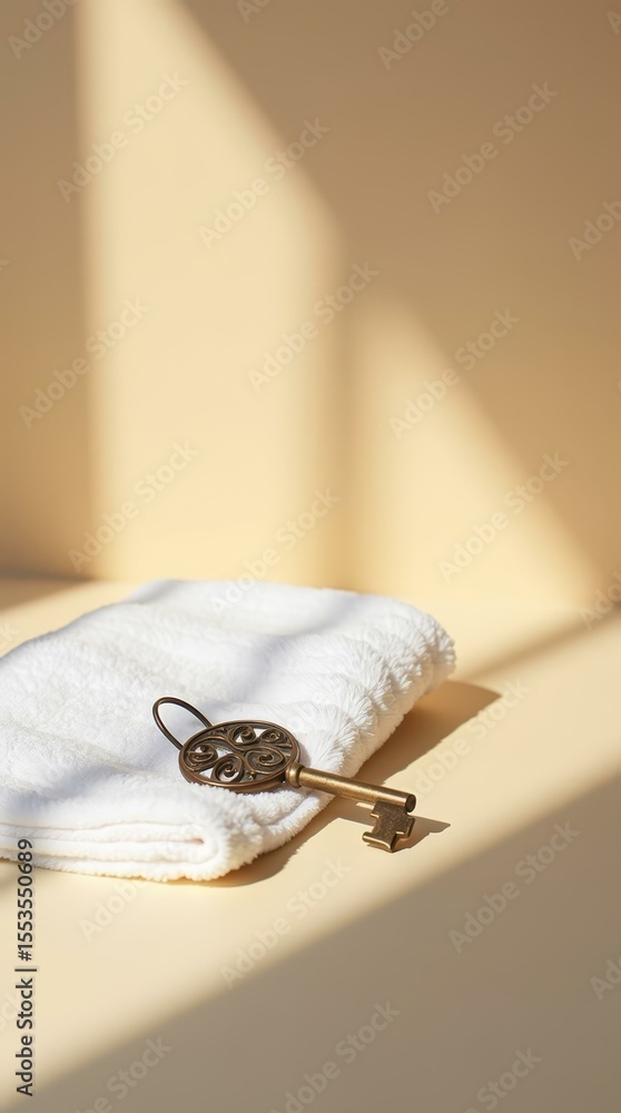 Poster clean background with key and fabric – vertical layout for home or symbolic concepts