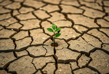 Emergence in Hardship: A singular, vibrant green sprout valiantly pushes through the parched earth, a symbol of resilience, hope, and the unyielding force of life in the face of adversity.