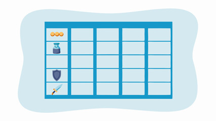 Inventory grid with coins potion shield and sword in a light blue color scheme on a white background