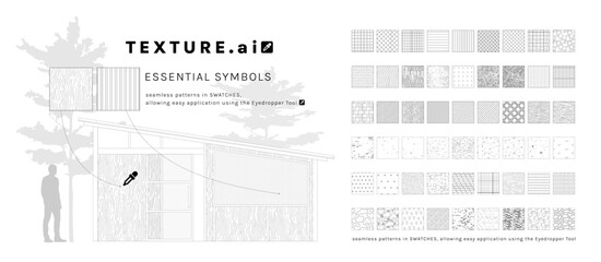 Obraz na płótnie Canvas Vector pattern texture CAD house set for landscape architecture, including surfaces such as tiles, pavement, concrete, asphalt, grass, water, gravel, soil, forest, and stone.