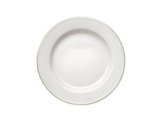Elegant White Dinner Plate with Gold Trim Against a transparent background