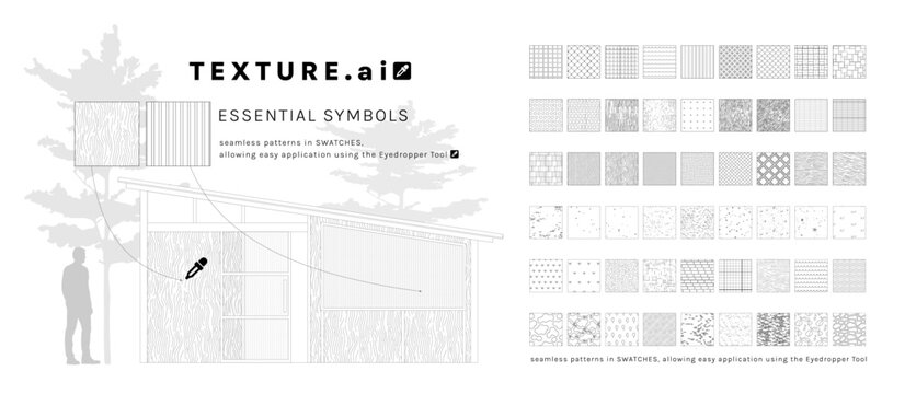 Vector pattern texture CAD house set for landscape architecture, including surfaces such as tiles, pavement, concrete, asphalt, grass, water, gravel, soil, forest, and stone.