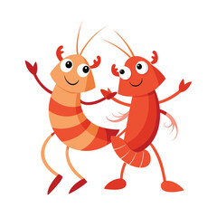 Two funny cartoon shrimp fish isolated on white background