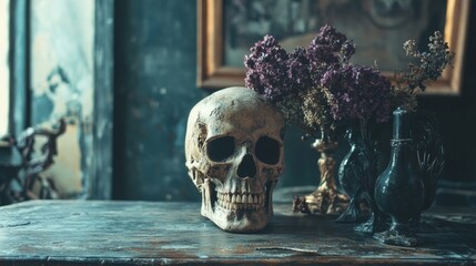 Vintage skull with flowers on wooden table in dark ambiance for gothic art mystery visuals