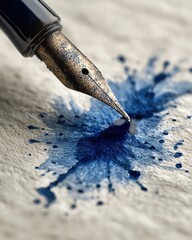 Ink splash from a fountain pen on textured paper