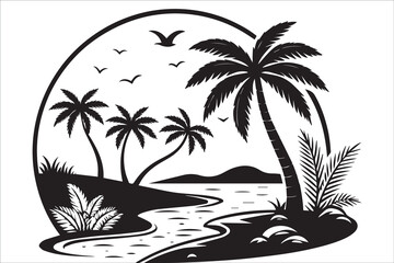 Tropical beach silhouette features a palm tree against a summer sun
