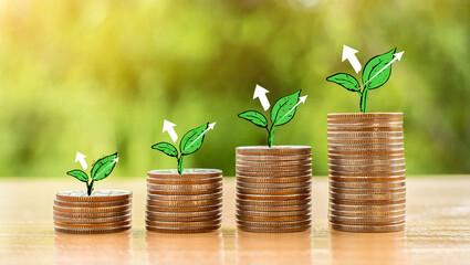 Financial growth concept with coin stacks illustrating increased capital investment and profits